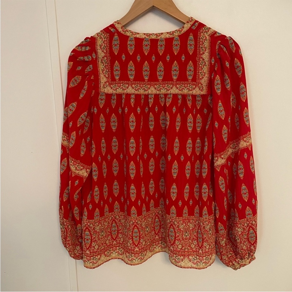 Rose + Olive Red and Gold Patterned Long Sleeve Blouse Size S Boho V Neck - Picture 5 of 8